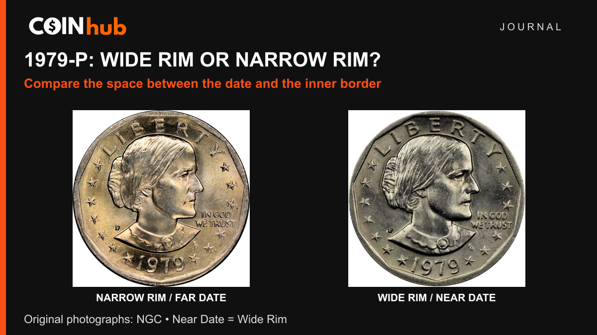 Original NGC obverse photographs of 1979-P Susan B. Anthony dollars, Narrow Rim on the left and Wide Rim on the right.