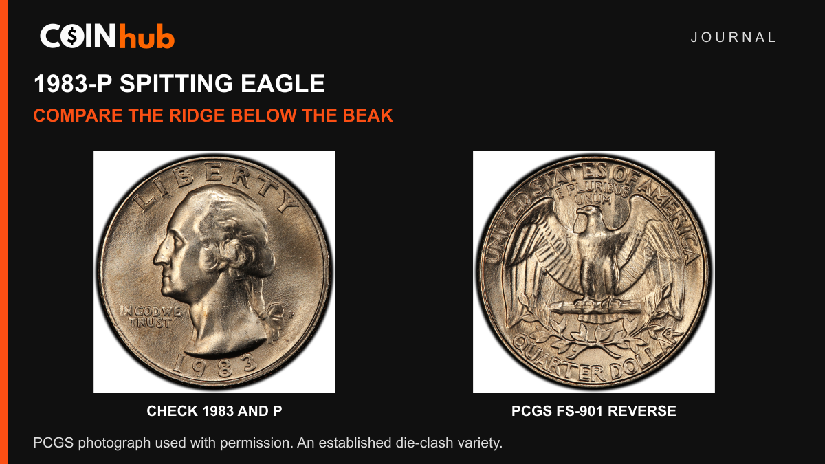 Real PCGS 1983-P FS-901 Washington quarter front and Spitting Eagle reverse in a CoinHub Journal comparison