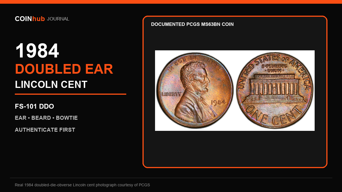 Documented PCGS photo of a genuine 1984 doubled-die-obverse Lincoln cent in a CoinHub identification graphic.