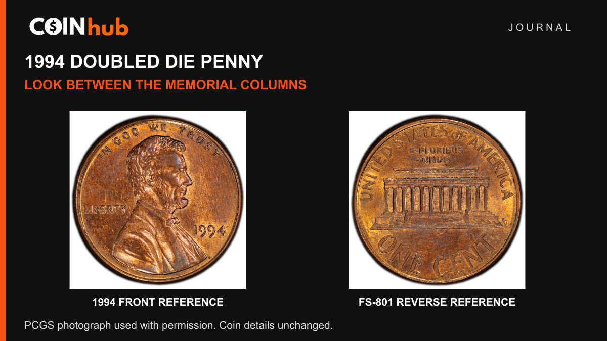 Real PCGS 1994 FS-801 Lincoln cent front and Memorial reverse, separated for comparison in a CoinHub Journal graphic