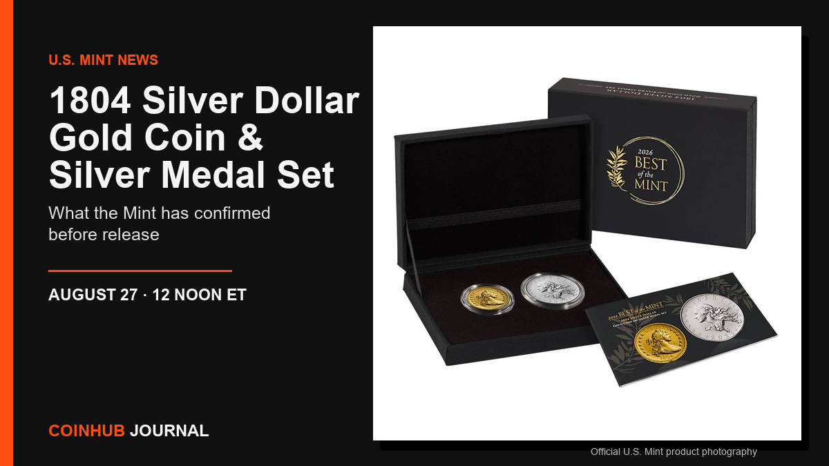 Official U.S. Mint product photograph of the 2026 Best of the Mint 1804 Silver Dollar Gold Coin and Silver Medal Set in a CoinHub Journal frame