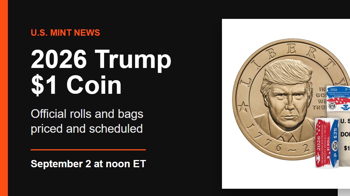 Official U.S. Mint product photographs showing the obverse and reverse of the 2026 President Donald J. Trump one dollar coin