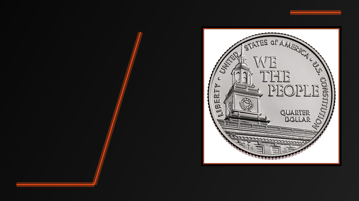 Official U.S. Mint image of the reverse of the 2026 U.S. Constitution Quarter, presented in a black CoinHub frame with orange accents