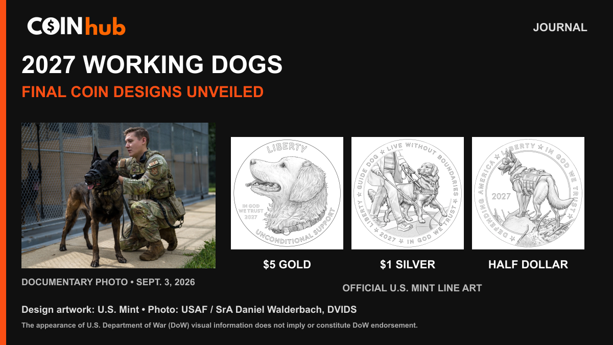 Official 2027 Working Dogs coin design artwork beside a documentary photograph of military working dog Lucky and handler; artwork is not struck-coin photography.