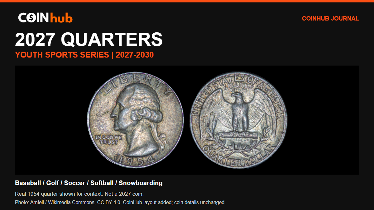 CoinHub Journal 2027 youth sports quarters guide with a real 1954 Washington quarter shown for context, not a 2027 coin
