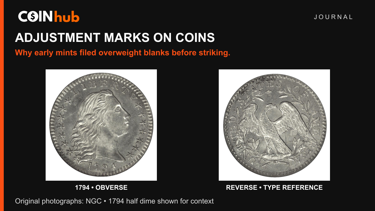 NGC reference photographs of a 1794 Flowing Hair half dime, illustrating an early U.S. coin series associated with planchet adjustment; not a diagnosed mark close-up.
