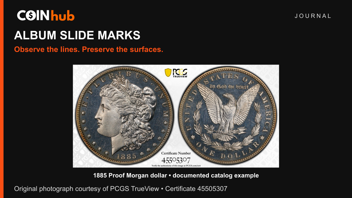 PCGS TrueView photograph of 1885 Proof Morgan dollar 45505307, described in its 2022 auction catalog as having album slide marks on Liberty’s cheek.