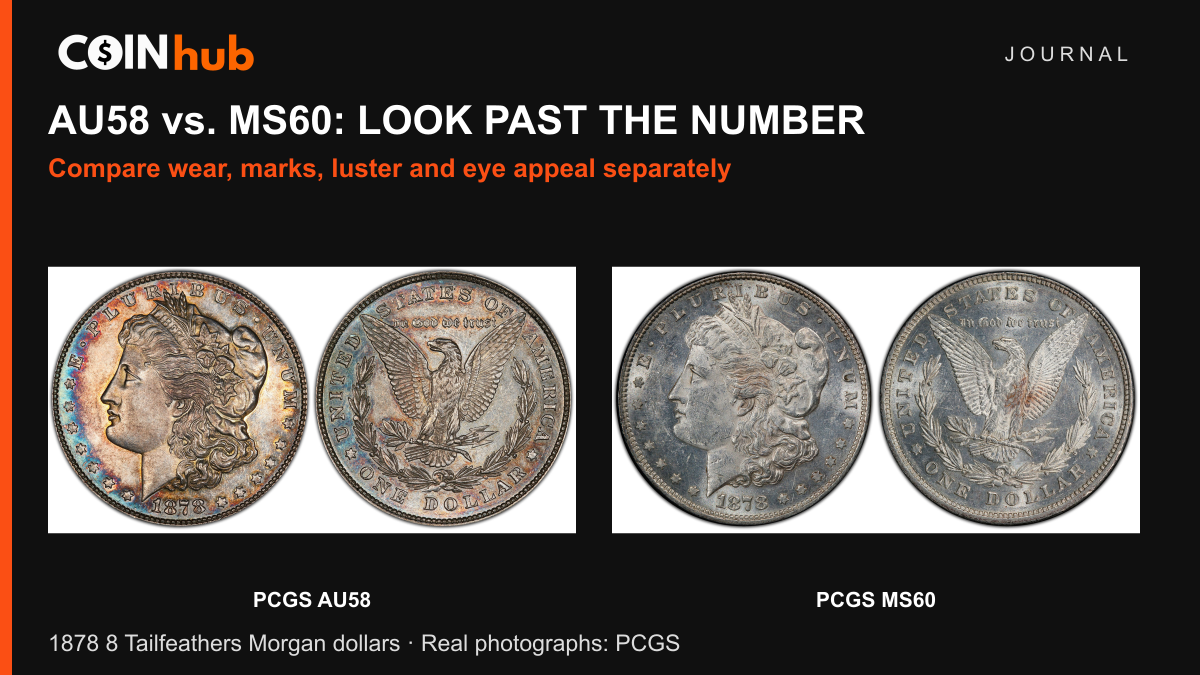 PCGS photographs of two 1878 eight-tailfeather Morgan dollars, one graded AU58 and the other MS60, with both sides shown for each specimen.
