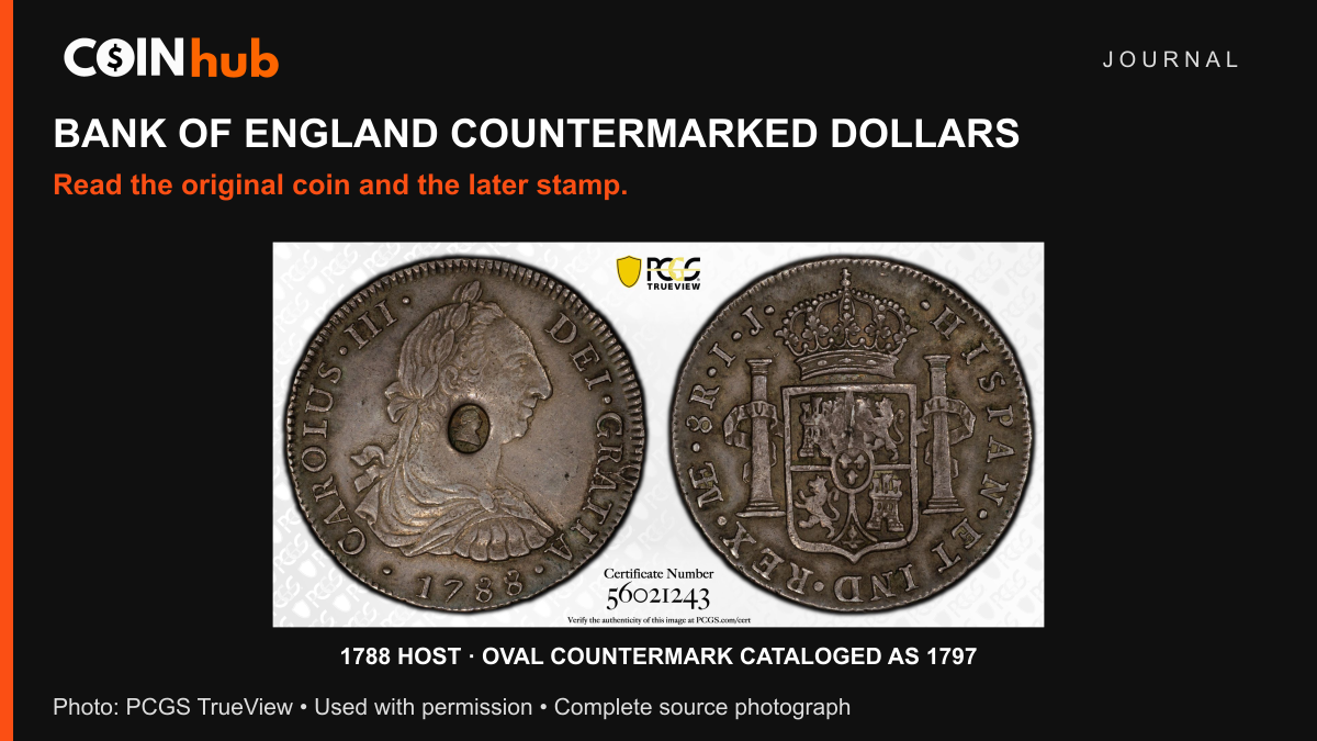 Complete PCGS TrueView of a Peru eight-real host dated 1788 with an oval George III countermark, cataloged as the 1797 Bank of England issue; both sides and certification 56021243 visible.
