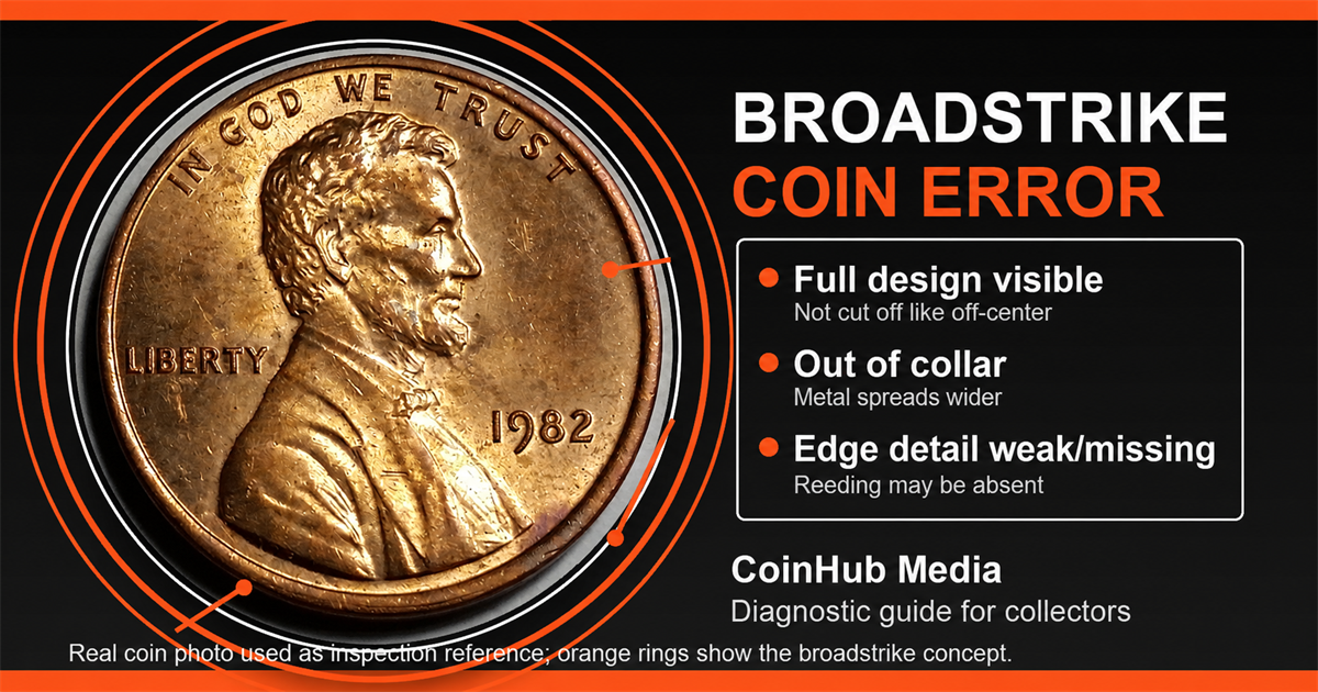 CoinHub broadstrike coin error guide graphic using a real 1982 Lincoln cent photo with out-of-collar diagnostic rings