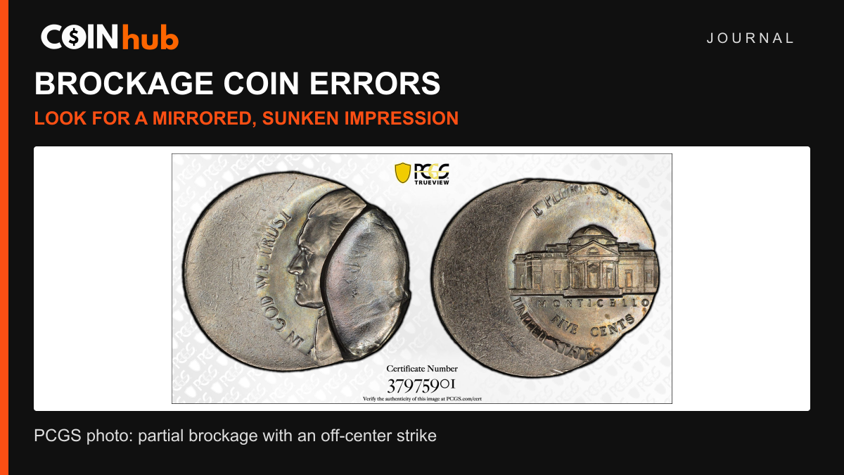 PCGS TrueView photograph of a Jefferson nickel with 30 percent brockage on a 40 percent off-center strike, showing both faces and the incuse partial impression.