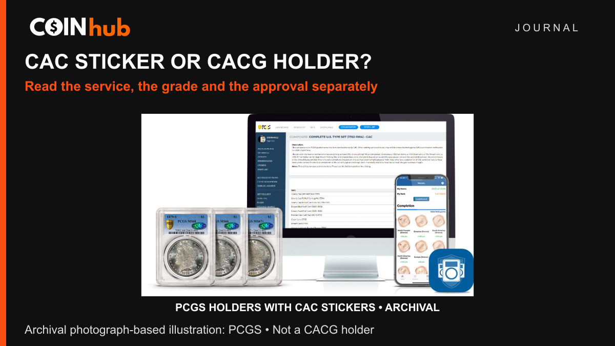 Archival PCGS illustration showing three Morgan dollars in PCGS holders with green CAC stickers, in front of a registry interface; these are not CACG holders.
