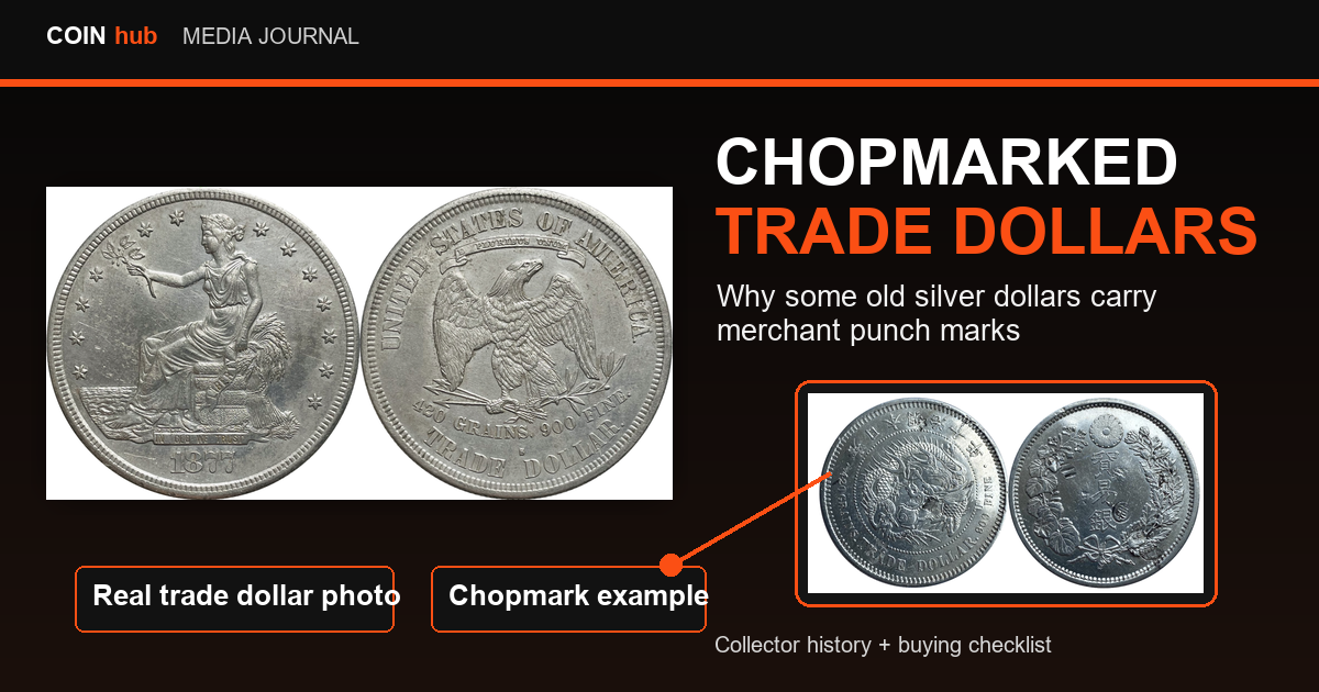 CoinHub guide graphic using real Trade dollar photos to explain chopmarked Trade dollars