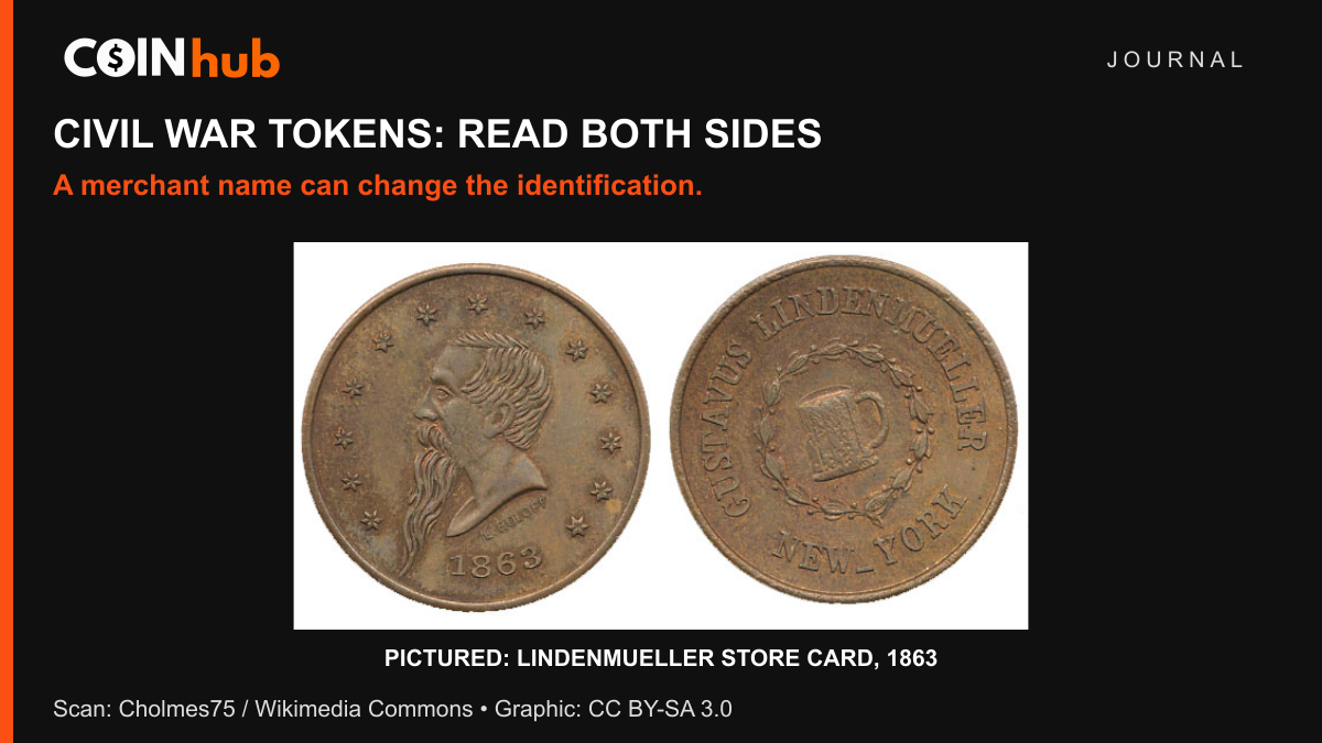 Both sides of a genuine 1863 Gustavus Lindenmueller New York store-card token, showing a portrait and merchant name; scan by Cholmes75.