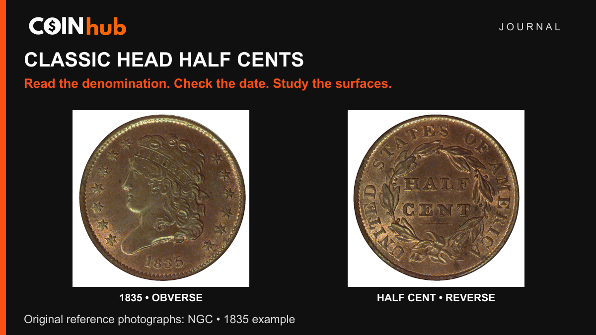 NGC reference photographs of an 1835 Classic Head half cent, obverse at left and HALF CENT reverse at right.