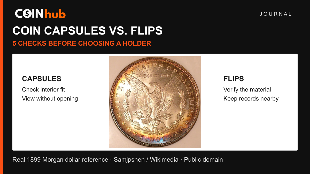 Real reverse of an 1899 Morgan silver dollar with peripheral toning, beside capsule and flip selection checks in a CoinHub Journal graphic.