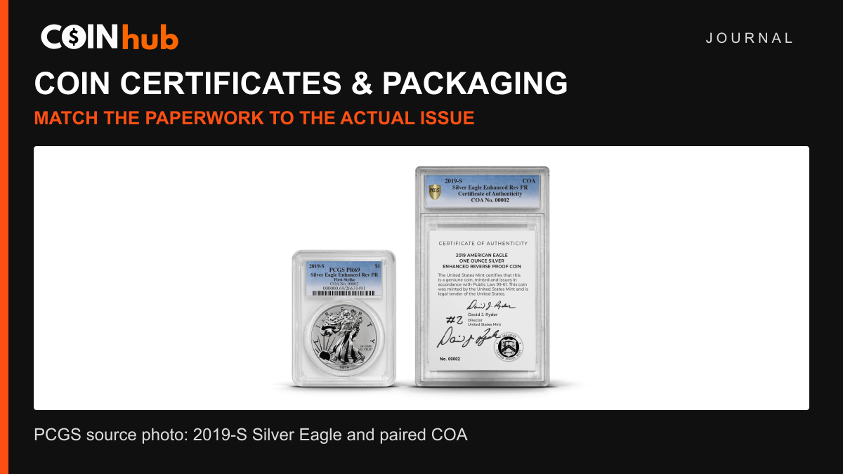 PCGS source photograph showing a 2019-S Enhanced Reverse Proof Silver Eagle in a holder beside its separately encapsulated, signed certificate of authenticity.