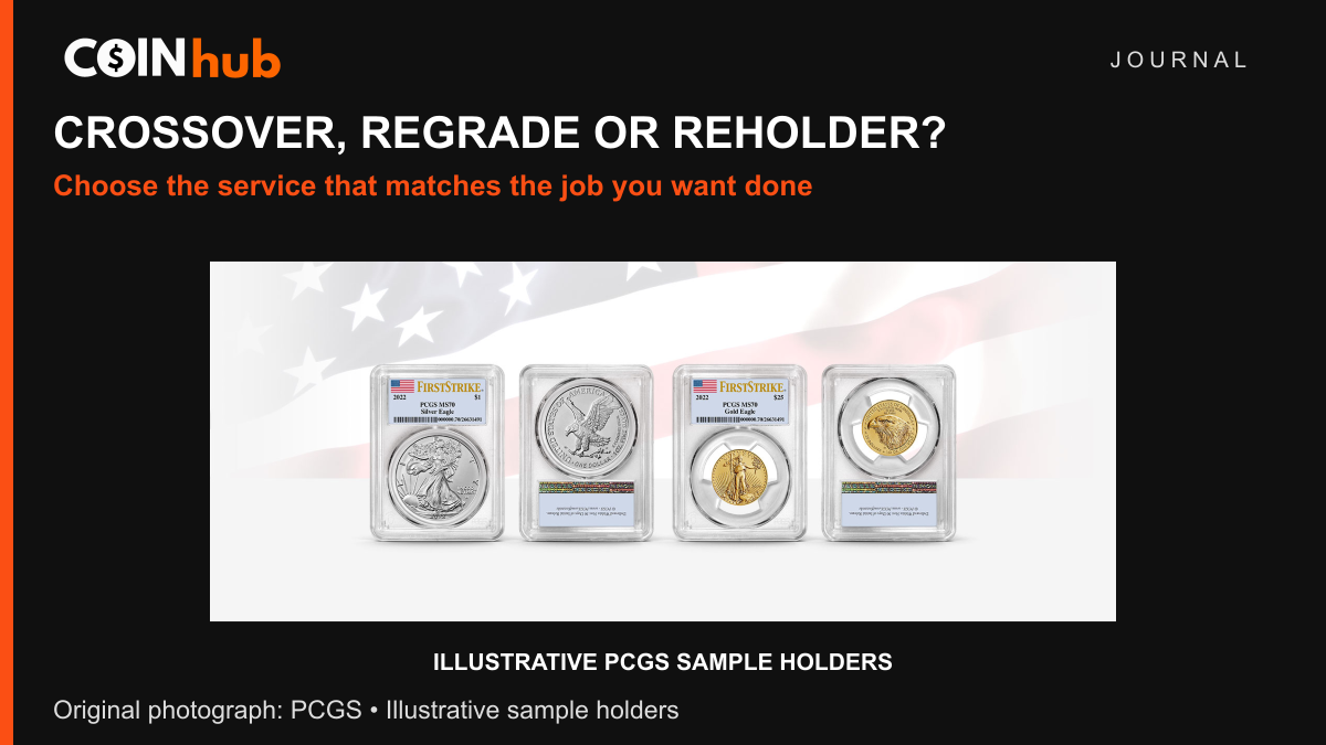 PCGS program photograph of 2022 Silver Eagle and Gold Eagle coins in sample First Strike holders, shown as holder illustrations.