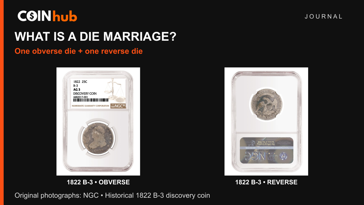 NGC photographs of the front and back of the holder for the 1822 B-3 Capped Bust quarter discovery coin, graded AG 3 in the 2017 report.