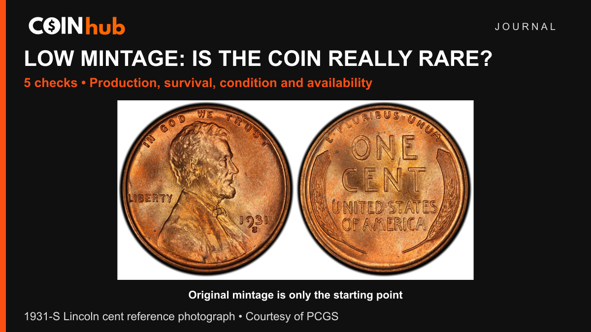 Real PCGS reference photograph of a 1931-S Lincoln cent, obverse and reverse, in a CoinHub guide to mintage and survival; no survival percentage is assigned to this coin.
