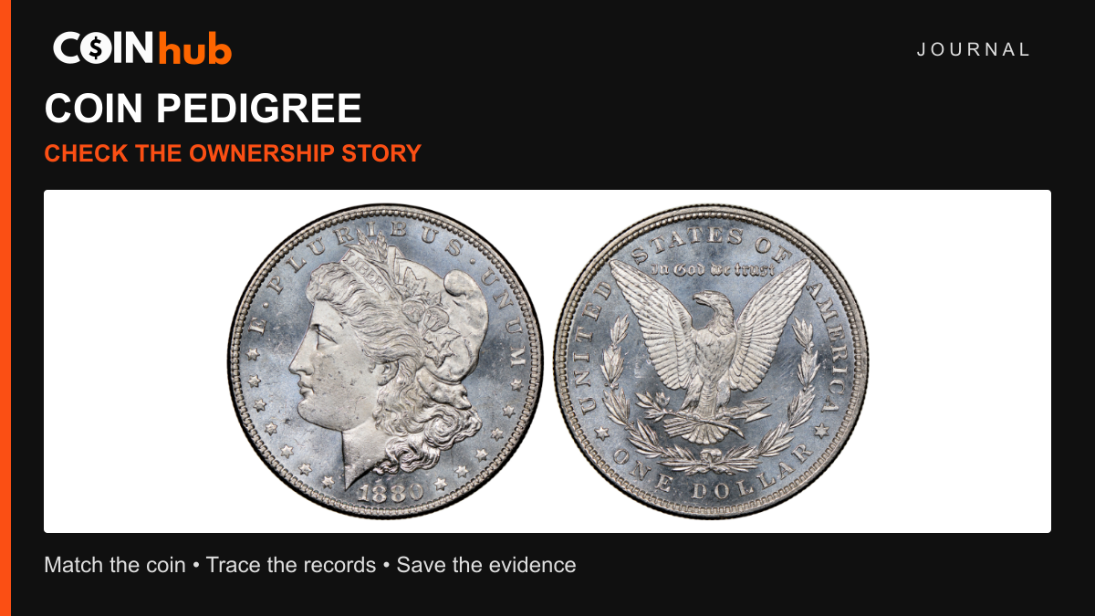 Real CoinHub reference photograph of an 1880 Morgan dollar alongside a guide to checking coin pedigree and provenance; no famous ownership claimed for the pictured coin.