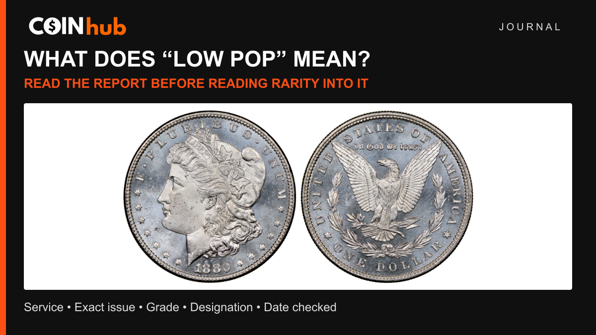 CoinHub photograph of an 1880 Morgan dollar accompanying a guide to coin population reports; no grade or population is assigned to the pictured coin.