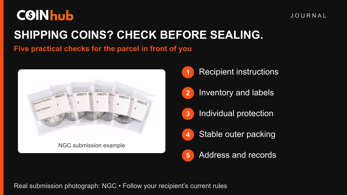 NGC source photograph of real coins in individually labeled submission flips beside five CoinHub Journal packing checks.