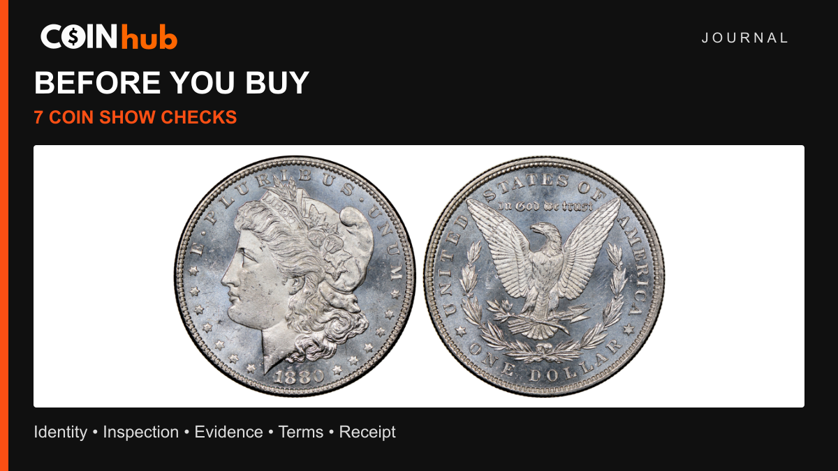 Real 1880 Morgan dollar reference photograph in a CoinHub seven-point coin show buying checklist graphic.