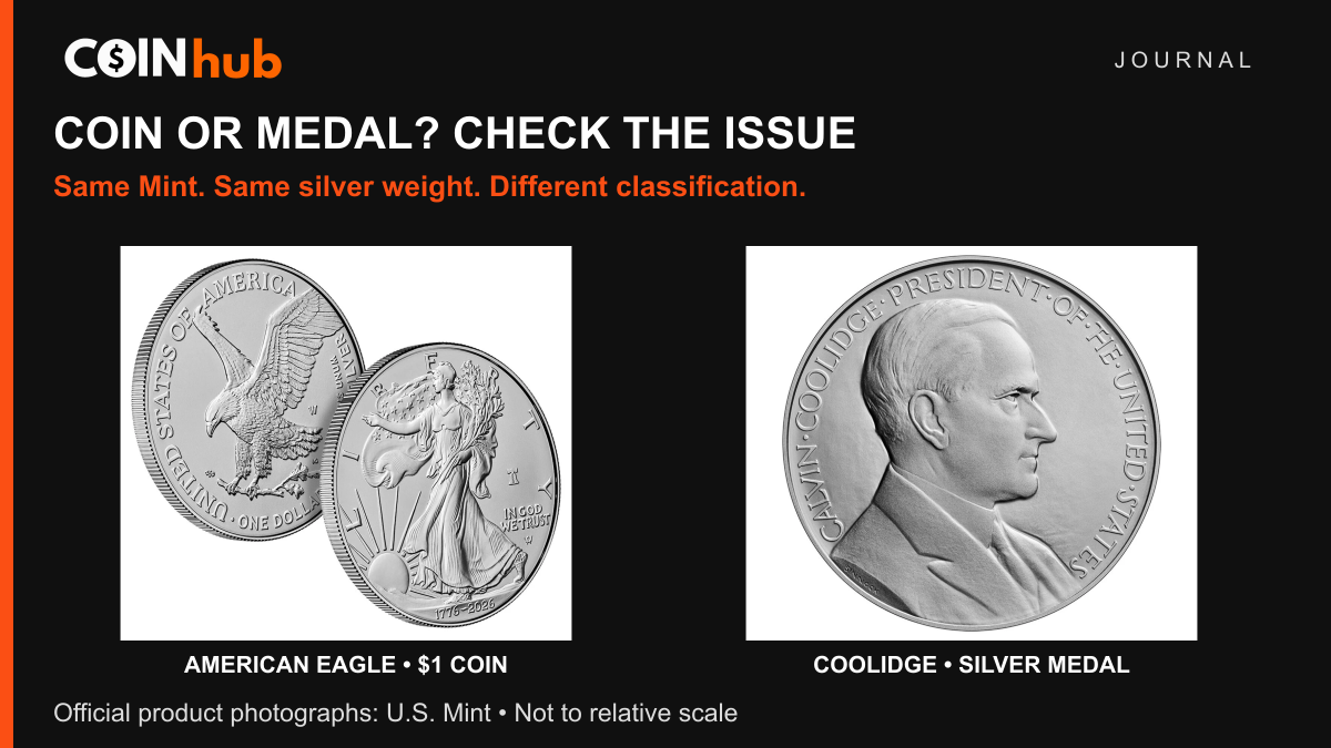 Official U.S. Mint product photographs of a 2026 enhanced uncirculated American Silver Eagle coin and a Calvin Coolidge Presidential Silver Medal, shown at independent scales.