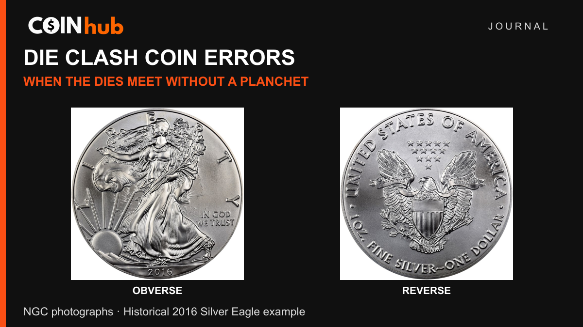 NGC photographs of the obverse and reverse of a 2016 American Silver Eagle graded MS 69 with clashed dies, showing transferred design details.