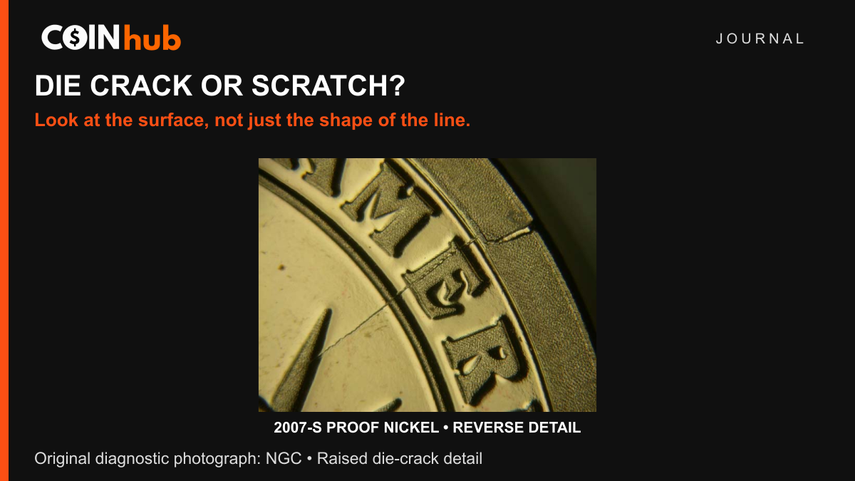 NGC close-up of an identified die crack near the rim and AMERICA lettering on a 2007-S Proof Jefferson nickel reverse.