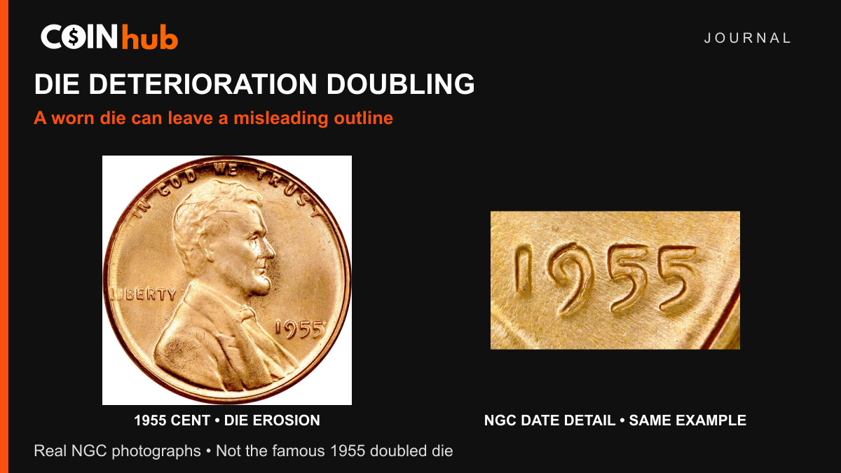 NGC photographs of a 1955 Lincoln cent and its date detail showing die erosion, commonly called the poor man’s doubled die.