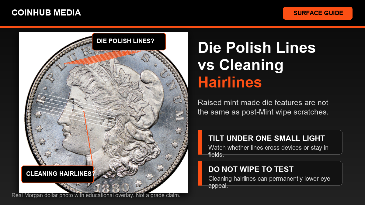 CoinHub guide graphic showing a real Morgan dollar with labels for die polish lines and cleaning hairlines