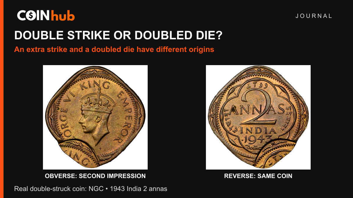 NGC photographs of both sides of a double-struck 1943 India two-annas coin, showing the off-center second strike near the lower edge.