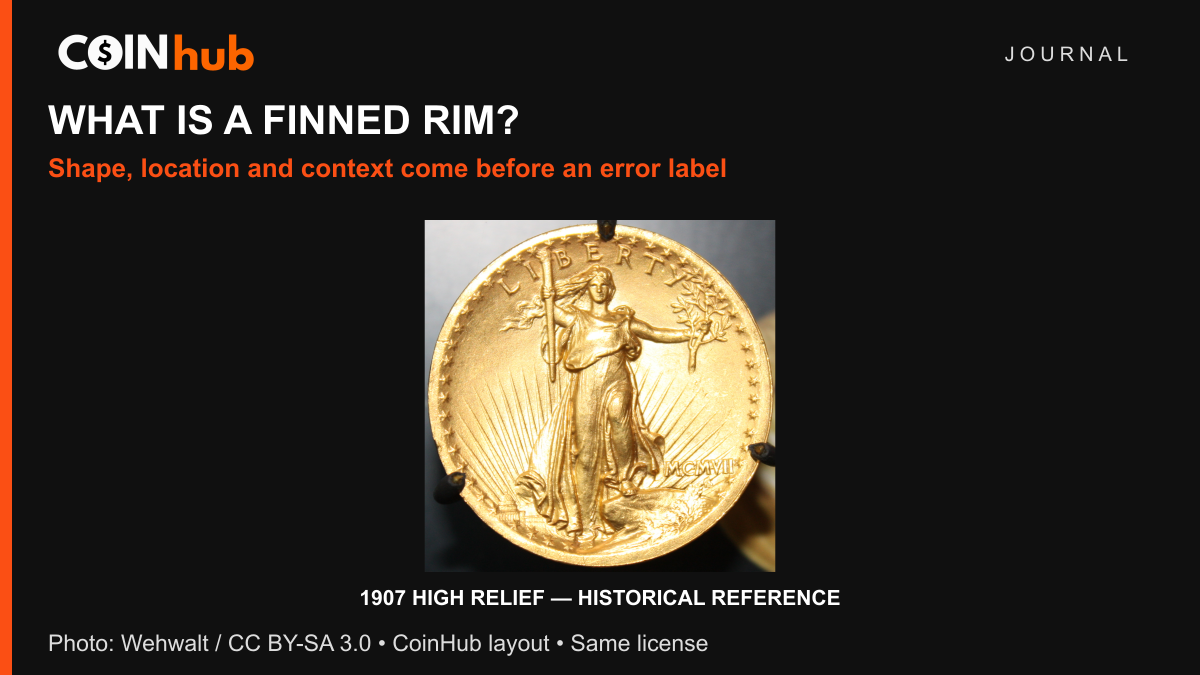 Wehwalt’s photograph of a 1907 High Relief Saint-Gaudens double eagle used as a historical coin reference; the face-on view is not a finning diagnosis.