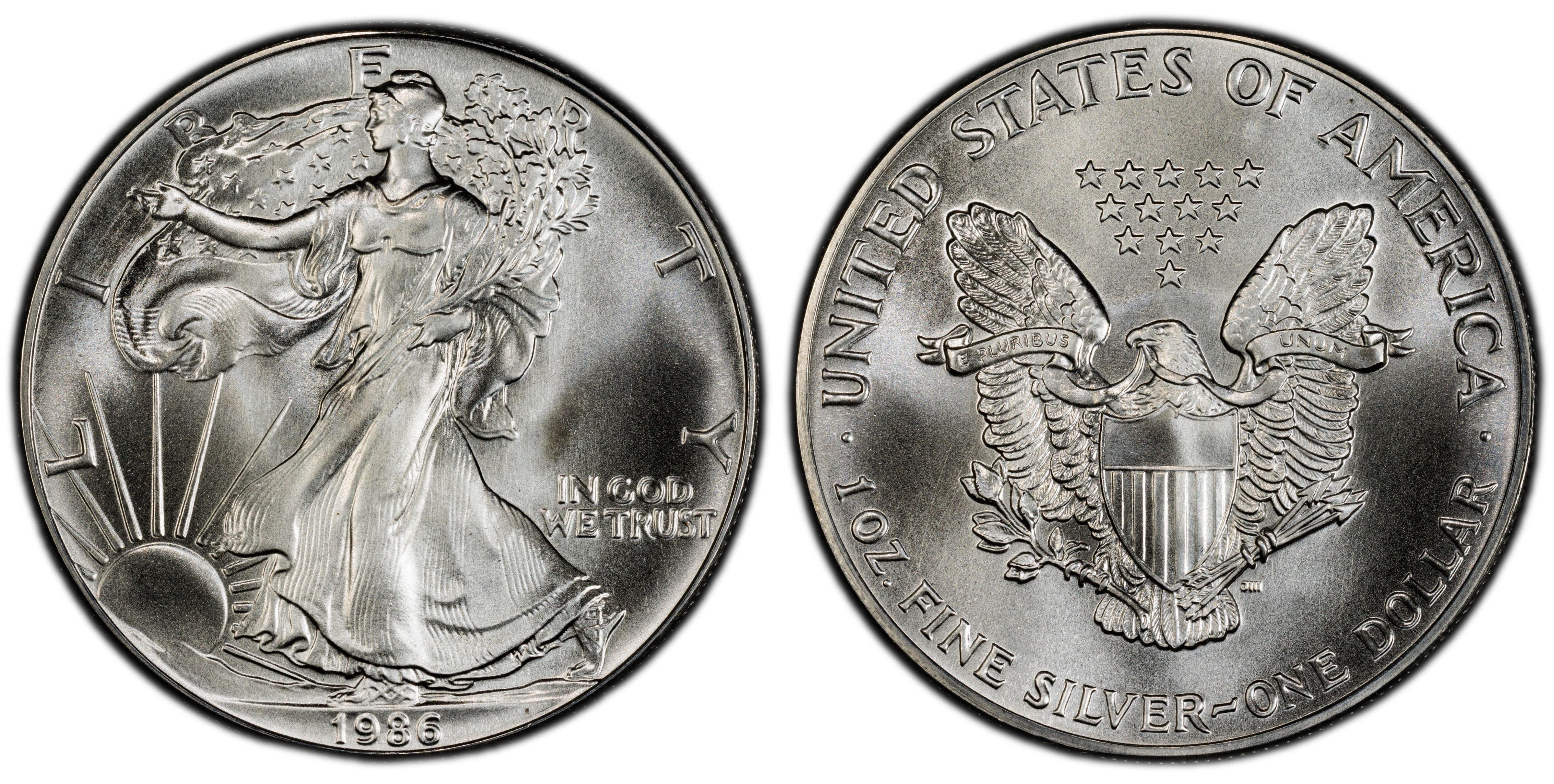 Genuine 1986 American Silver Eagle with Walking Liberty on the front and the original shield eagle on the back