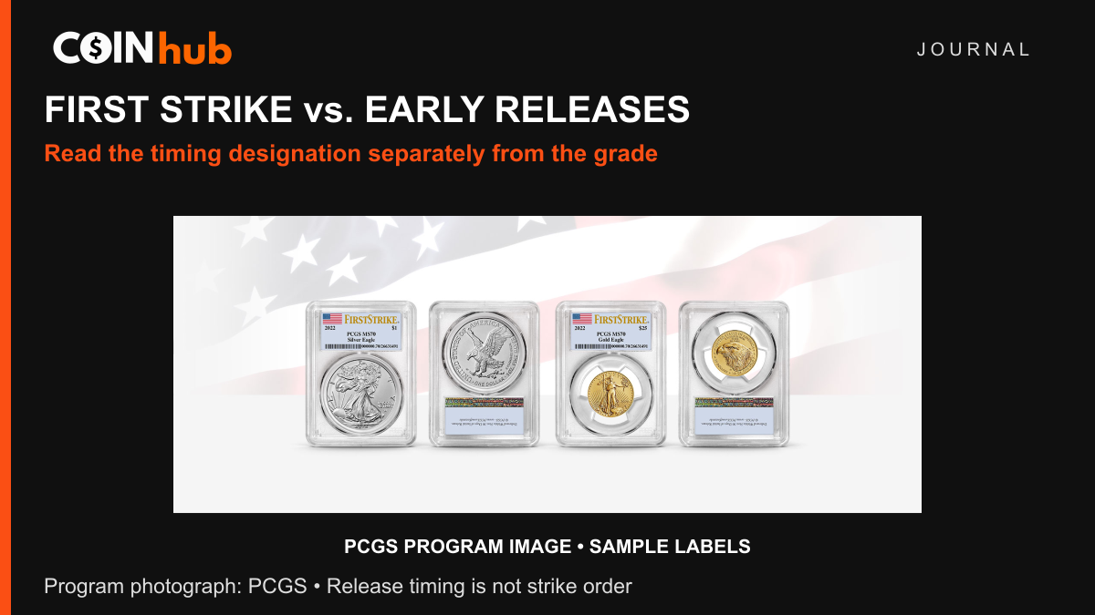 PCGS promotional photograph showing 2022 Silver Eagle and Gold Eagle sample holders with First Strike labels, used to illustrate release-designation wording.