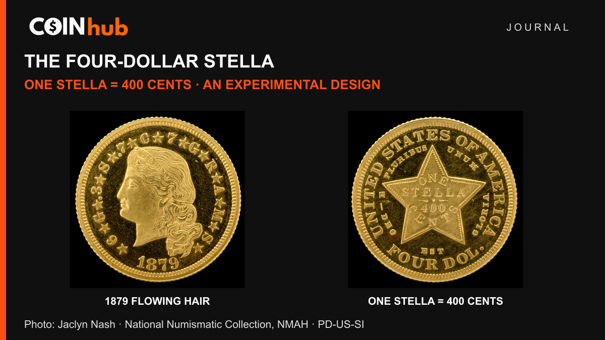 Both complete faces of an 1879 Flowing Hair four-dollar Stella pattern photographed by Jaclyn Nash for the National Numismatic Collection