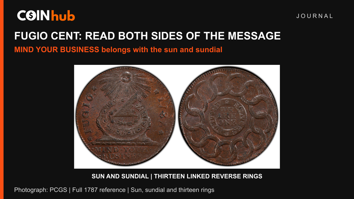 Complete PCGS 1787 Fugio cent reference with sun, sundial and MIND YOUR BUSINESS on the front, and linked rings around WE ARE ONE on the back