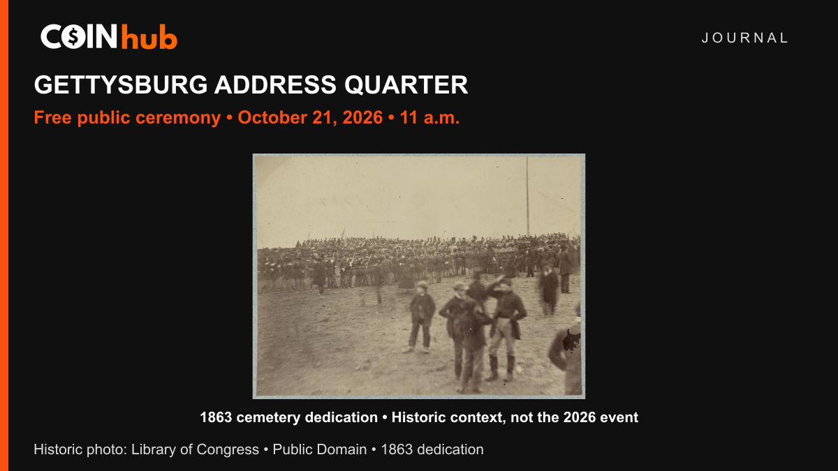 Historic photograph of the crowd at the 1863 Gettysburg cemetery dedication, in a graphic announcing the October 21, 2026 quarter ceremony.