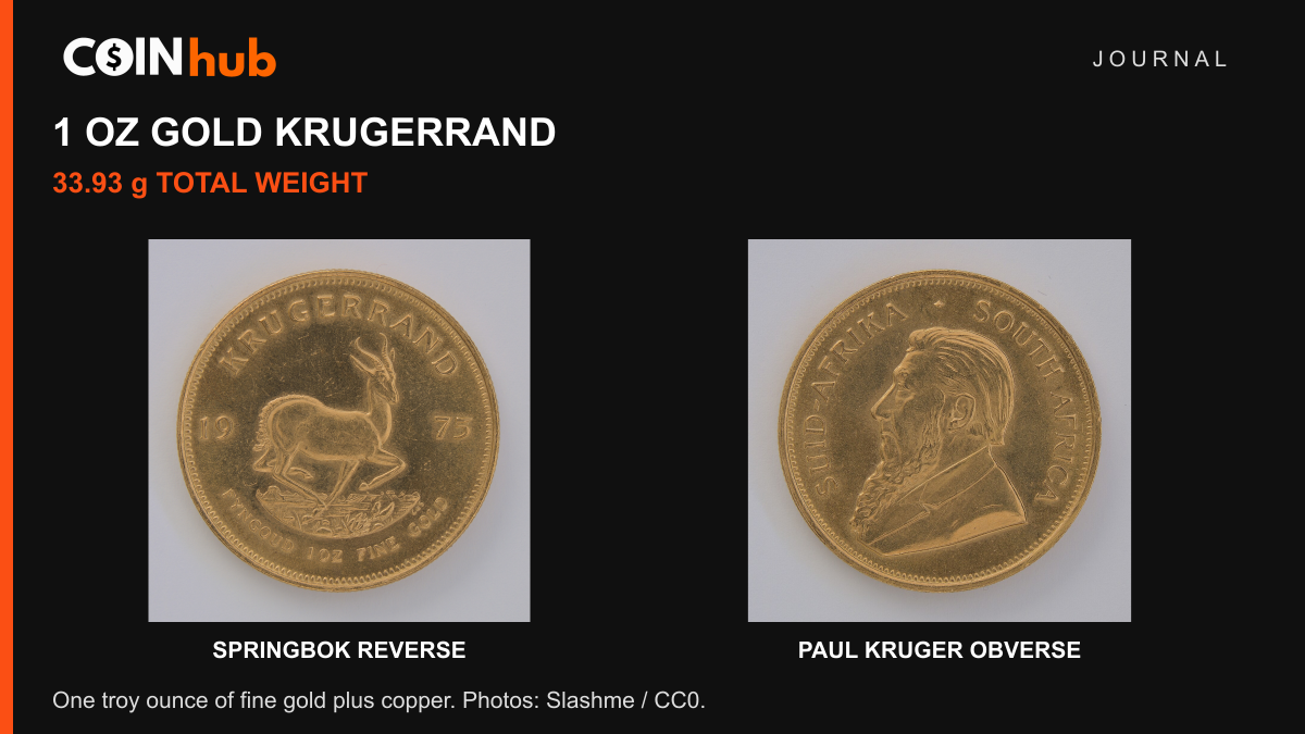 Real 1975 gold Krugerrand: springbok reverse with 1 OZ FINE GOLD inscription and Paul Kruger portrait obverse