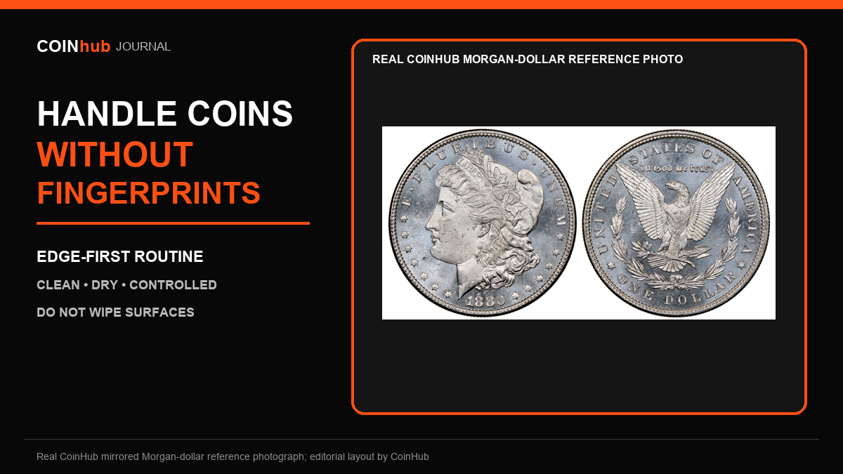 Real CoinHub mirrored Morgan dollar reference photograph in an edge-first coin-handling guide graphic.