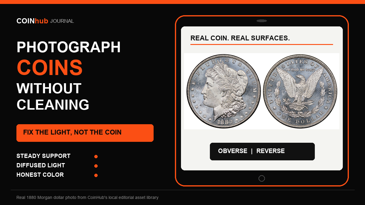 CoinHub coin photography guide graphic showing a real 1880 Morgan dollar inside a phone-style camera frame