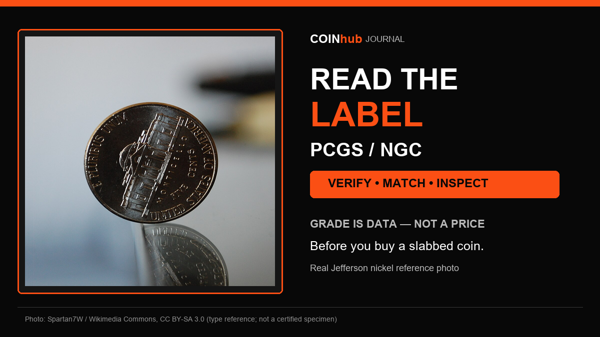 Real Jefferson nickel reference photo beside CoinHub text explaining a verification-first PCGS or NGC label workflow
