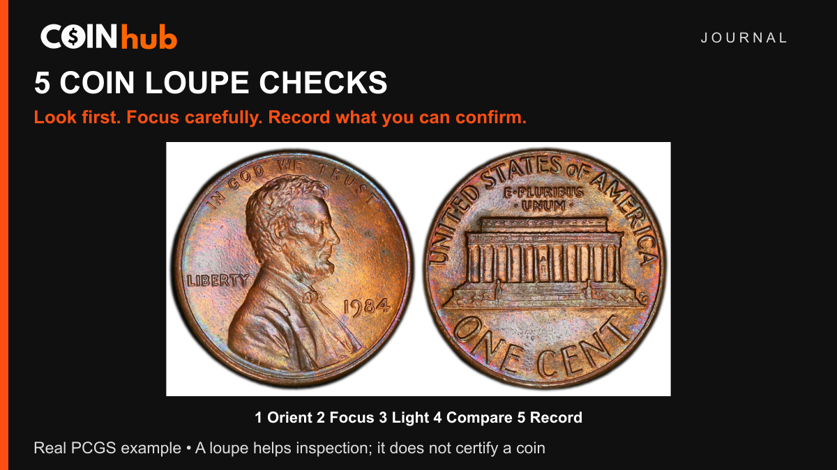 Real obverse and reverse photographs of a 1984 doubled-die Lincoln cent, with CoinHub labels for five coin-loupe inspection checks.