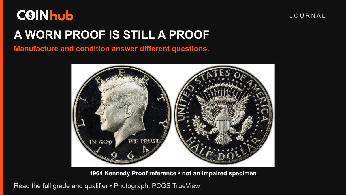 Genuine 1964 Kennedy Proof half dollar obverse and reverse, photographed by PCGS, shown as a Proof reference rather than an impaired specimen.