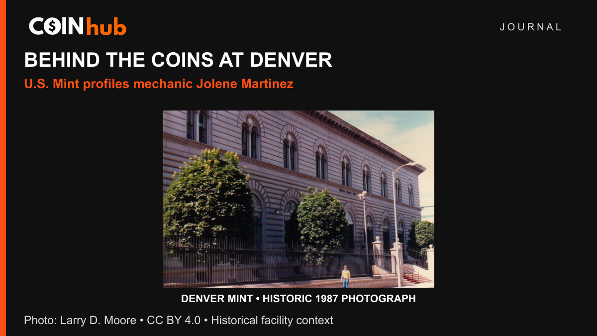 Denver Mint exterior photographed in July 1987 by Larry D. Moore, used as historical context for the Jolene Martinez employee profile.