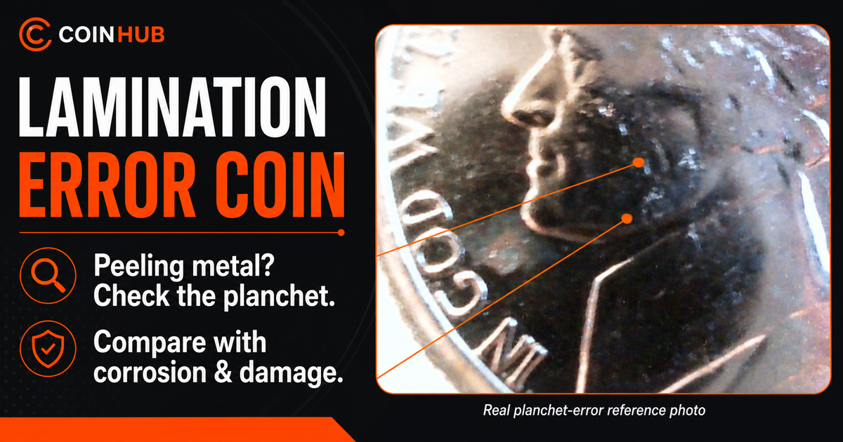 CoinHub lamination error coin guide graphic using a real Jefferson nickel planchet error photo with peeling metal diagnostic labels