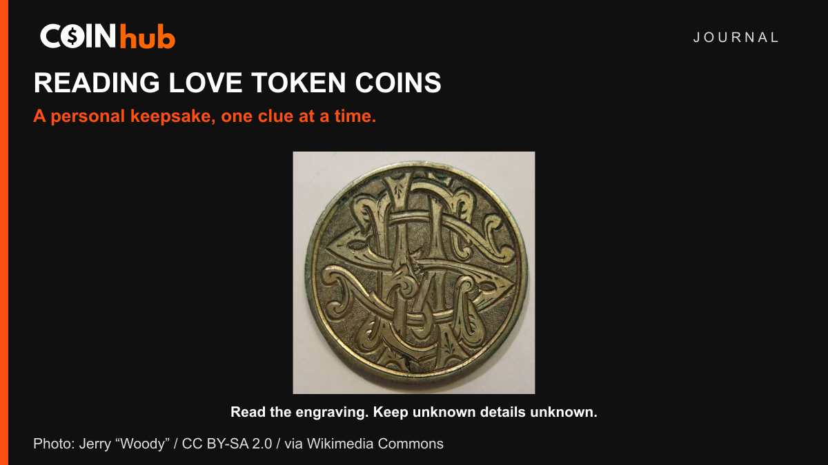 Photograph of an ornate engraved monogram on a love token identified as an 1841 thaler, within CoinHub Journal branding.