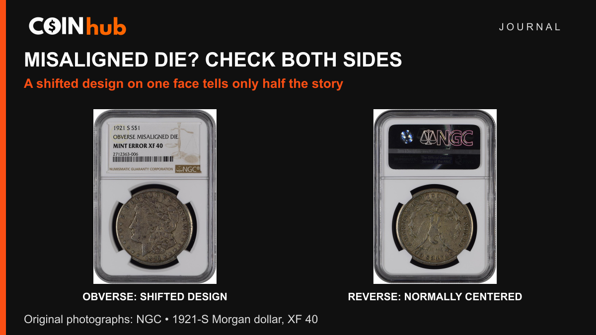 NGC photographs of the obverse and reverse of a 1921-S Morgan dollar labeled Obverse Misaligned Die, Mint Error XF 40.